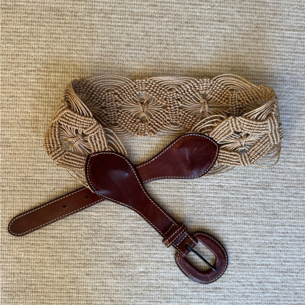 Rugby Ralph Lauren Tan Braided Macramé Belt with Brown Leather Buckle